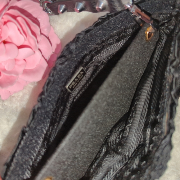 Prada Black Satin Pouch Authentic Converted To Shoulder Bag Edgy Silver Chain - Picture 2 of 5